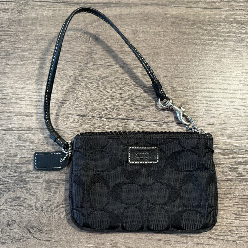 Coach Signature C Monogram Wristlet Pouch Black Canvas Leather Trim